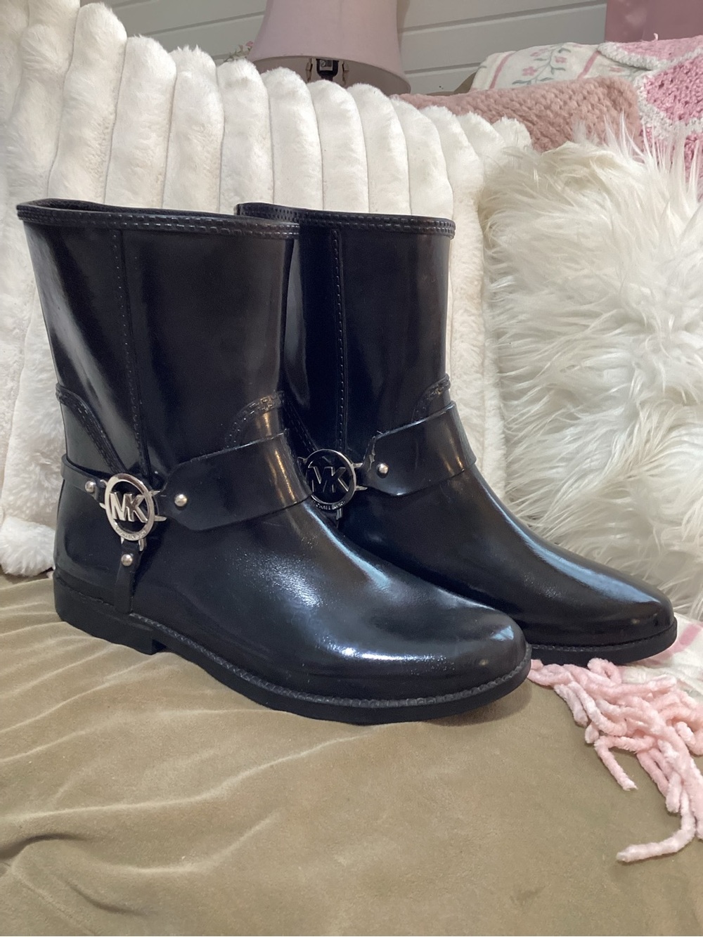 Michael Kors Black Fulton Harness Mid-Calf Patent Rain Booties with MK Medallion